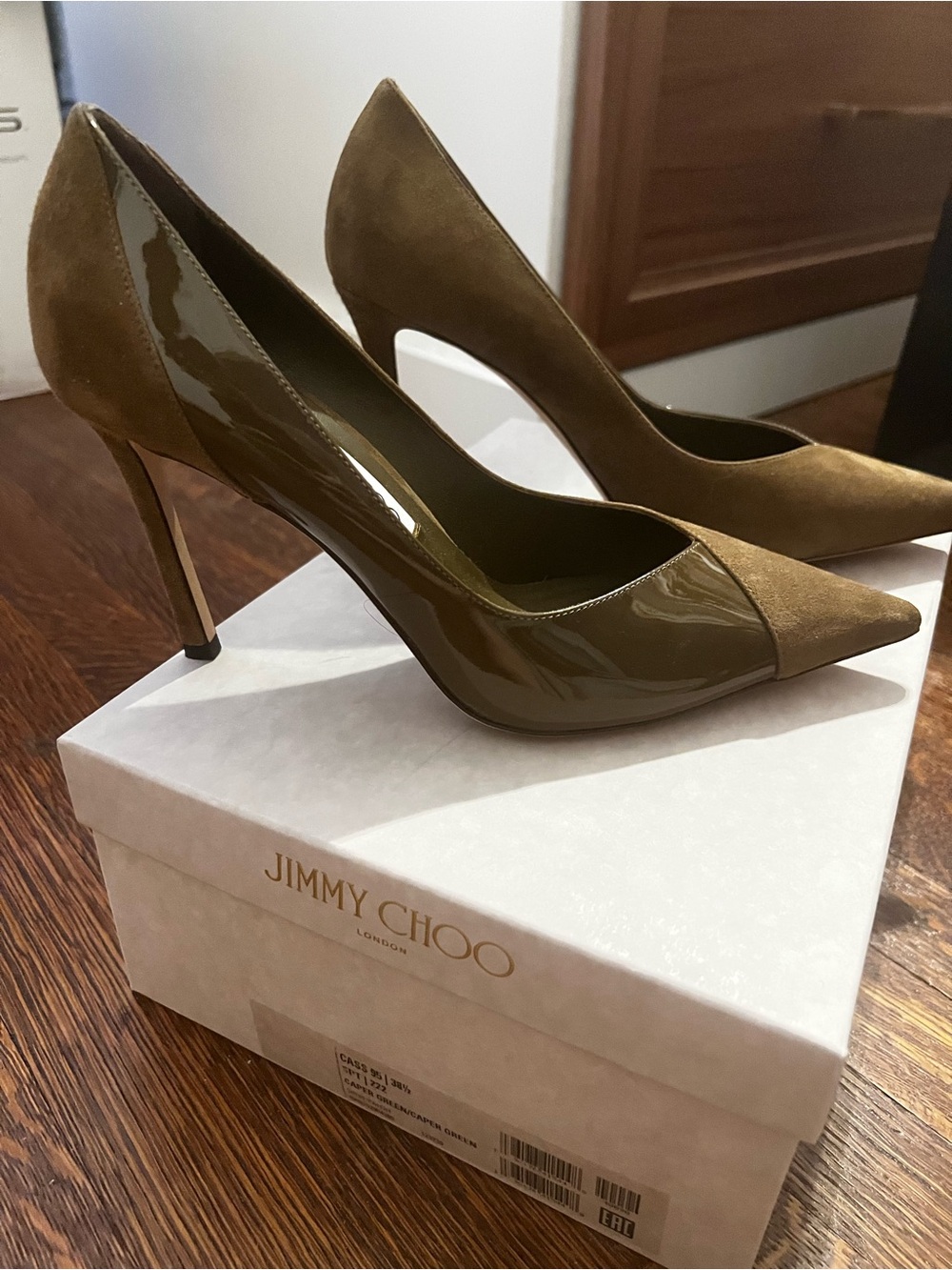 Jimmy Choo Olive Patent and Suede Pointed-Toe Pumps